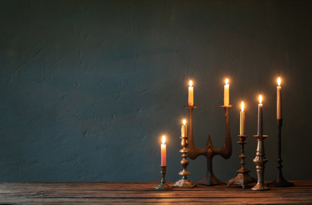 burning candles in vintage candlesticks on dark backgroundの写真素材