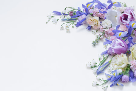 beautiful spring flowers on pastel backgroundの写真素材