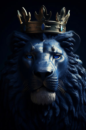 blue lion with golden mane on black backgroundの素材