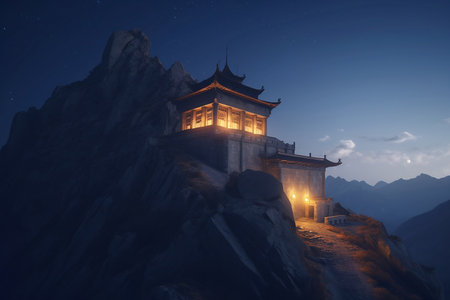 ethereal fantasy mountain landscape with ancient chinese houseの素材