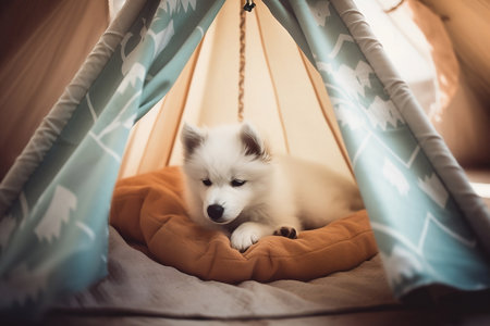 cute puppy sleeping in little tent in pastel colorsの素材