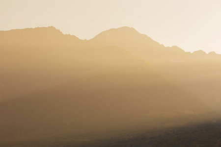 morning in mountains in for and sunlightの写真素材