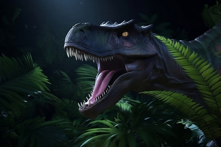 dinosaur in tropical forest among leavesの素材