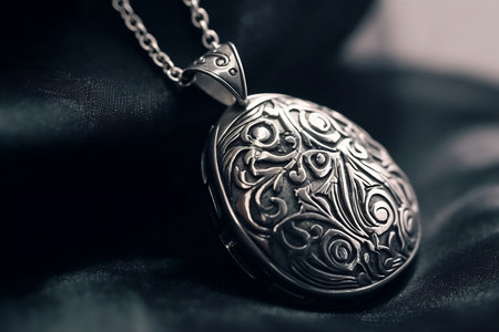 silver necklace with pendant close up on dark backgroundの素材