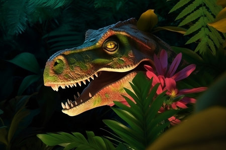 dinosaur in tropical forest among leavesの素材