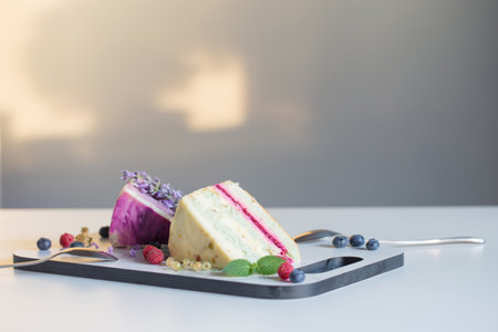 berry desserts on marble board on white backgroundの写真素材