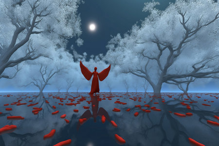 ethereal scenery with white trees and fantasy angelsの素材