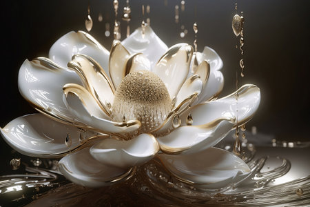 fantasy fragile white flower with golden drops close upの素材