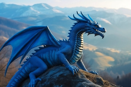 fantasy blue dragon on mountain landscape backgroundの素材