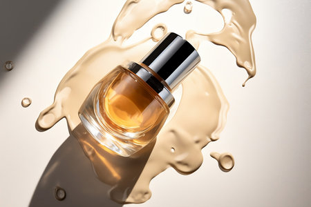 perfume bottle splash on surface top viewの素材