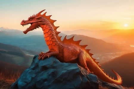 fantasy orange dragon on mountain landscape backgroundの素材