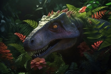 dinosaur in tropical forest among leavesの素材