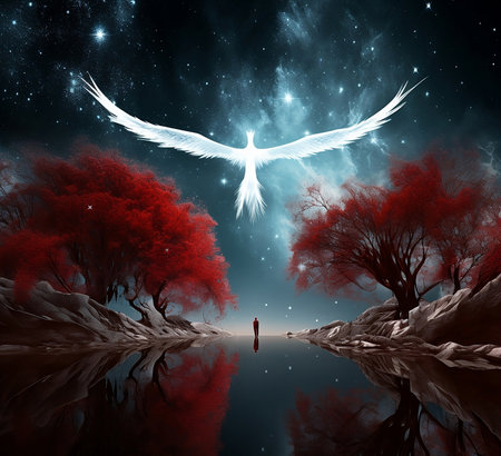 ethereal scenery with red trees and white angelの素材