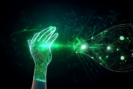 abstract robot hand in green glow on dark backgroundの素材