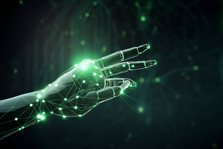 abstract robot hand in green glow on dark backgroundの素材