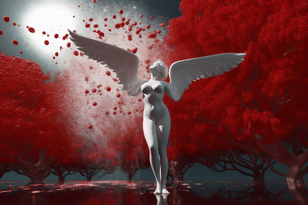 fantasy scenery with red trees and woman silhouetteの素材