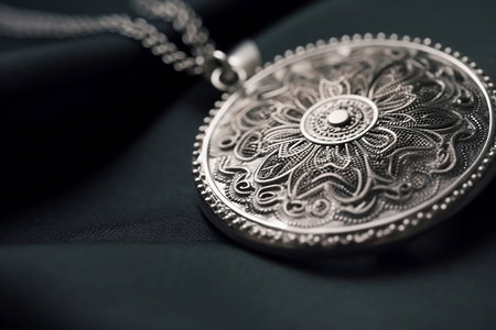 silver necklace with pendant close up on dark backgroundの素材
