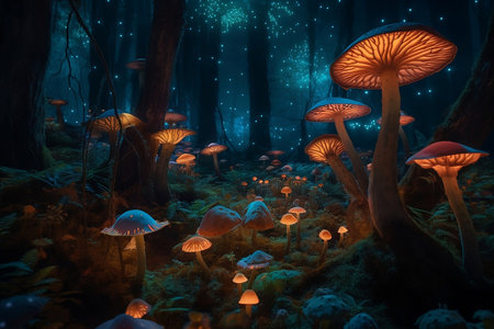 fantasy nighttime forest with glowing mushroomsの素材