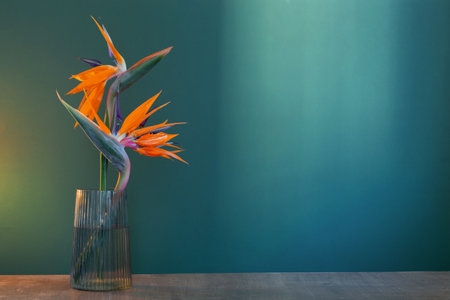bird of paradise flowers in vase on green backgroundの写真素材