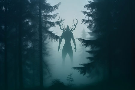 silhouette of giant scary monster in foggy forestの素材