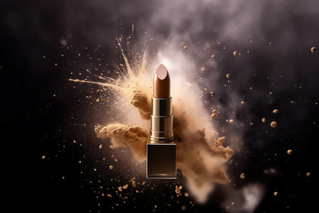 brown lipstick advertising with colored smoke explosion on black backgroundの素材