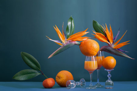 exotic still life with bird of paradise flowers, orange juice and orange fruitsの写真素材