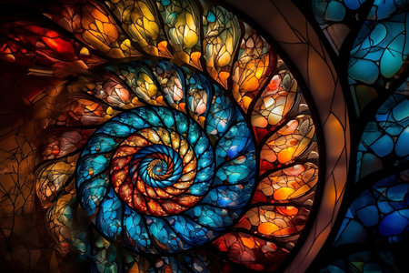 colorful curved stained glass pattern close upの素材