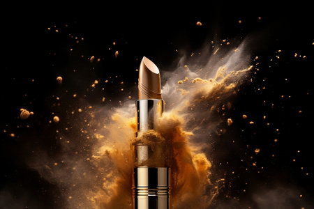 brown lipstick advertising with colored smoke explosion on black backgroundの素材