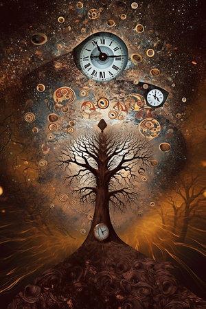 abstract surrealistic clock and treeの素材