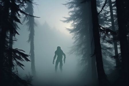 silhouette of giant scary monster in foggy forestの素材