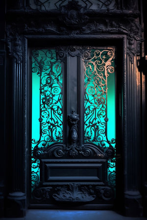 fantasy black heavy door with ornaments in blue lightの素材