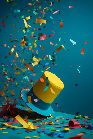 colorful flying confetti with birthday hat on blue backgroundの素材