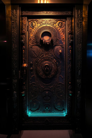fantasy black heavy door with ornaments with blue lightの素材