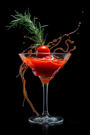 red cocktail with tomato and rosemary on black backgroundの素材