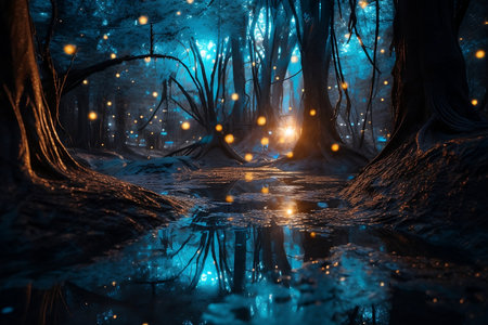 fantasy dark forest with blue lightsの素材