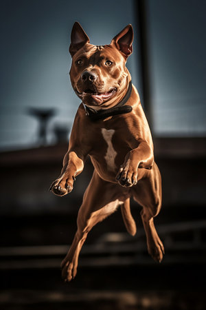 illustration of happy pitbull jumping on dark backgroundの素材