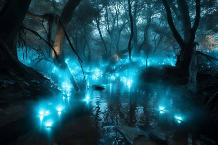 fantasy dark forest with blue lightsの素材