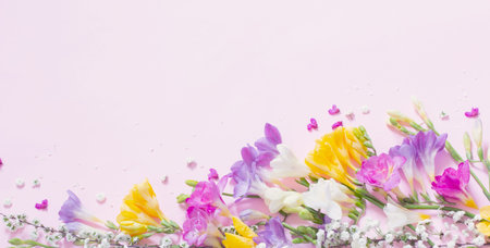 spring flowers on pastel pink background