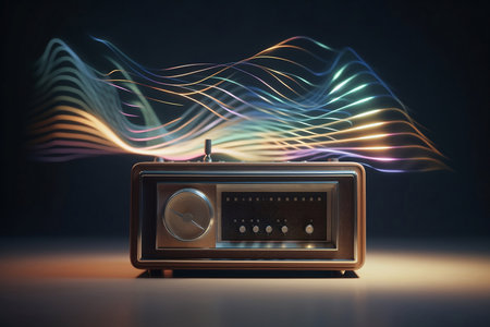 retro radio with abstract music frequency on dark backgroundの素材