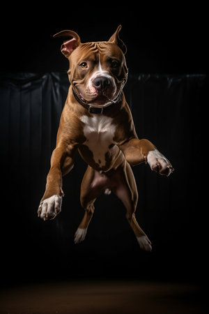 illustration of happy pitbull jumping on dark backgroundの素材