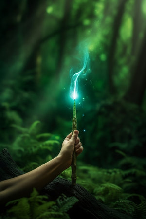 magic wand with blue glow in green forestの素材