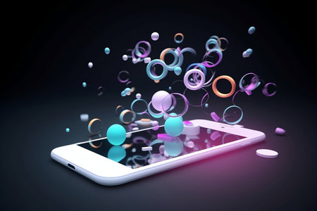 mobile phone with abstract dobjects on dark background, social media marketing conceptの素材