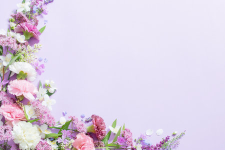 beautiful summer flowers on light purple backgroundの写真素材
