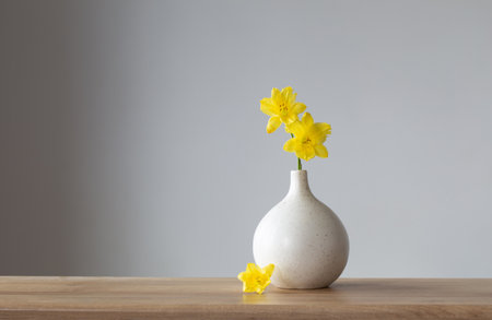 yellow summer flowers in white vase on gray backgroundの写真素材