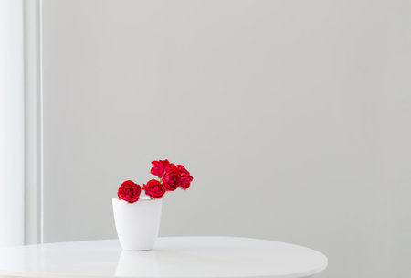 red roses in white vase in white interiorの写真素材