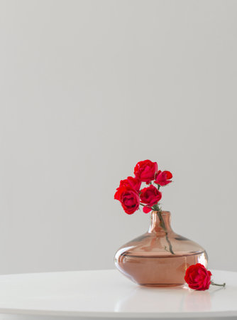 red roses in modern glass vase in white interiorの写真素材