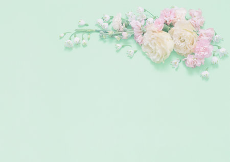 beautiful spring flowers on green backgroundの写真素材
