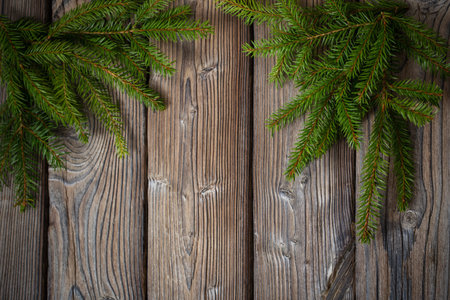 fir branch on old dark wooden background