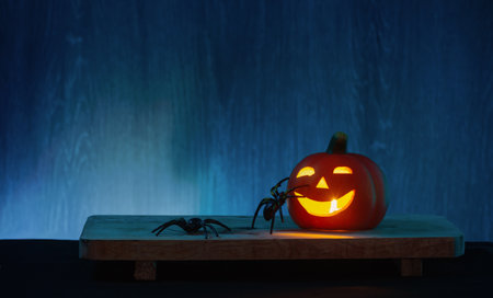 halloween decorations with pumpkin on dark wooden backgroundの写真素材