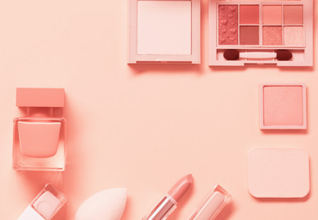 decorative cosmetics with perfume on pastel backgroundの写真素材